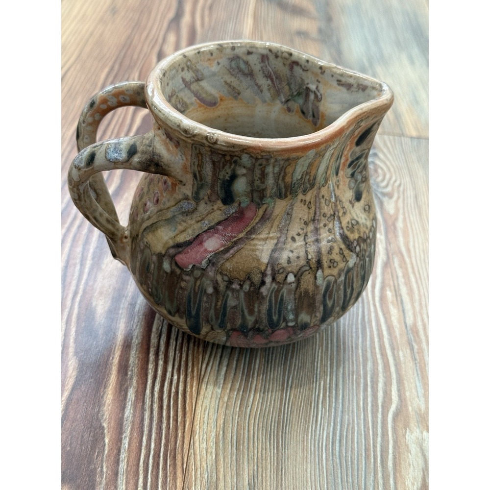 Handmade Drip Glaze Marbled Double Loop Handle Pitcher Ceramic 5x6"